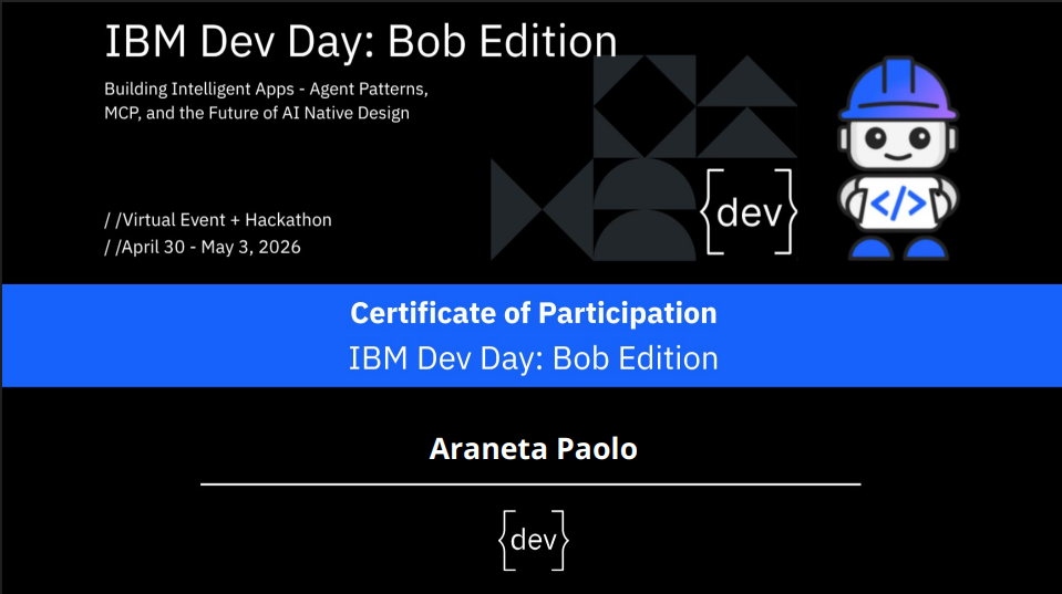 IBM Dev Day Bob Edition certificate preview